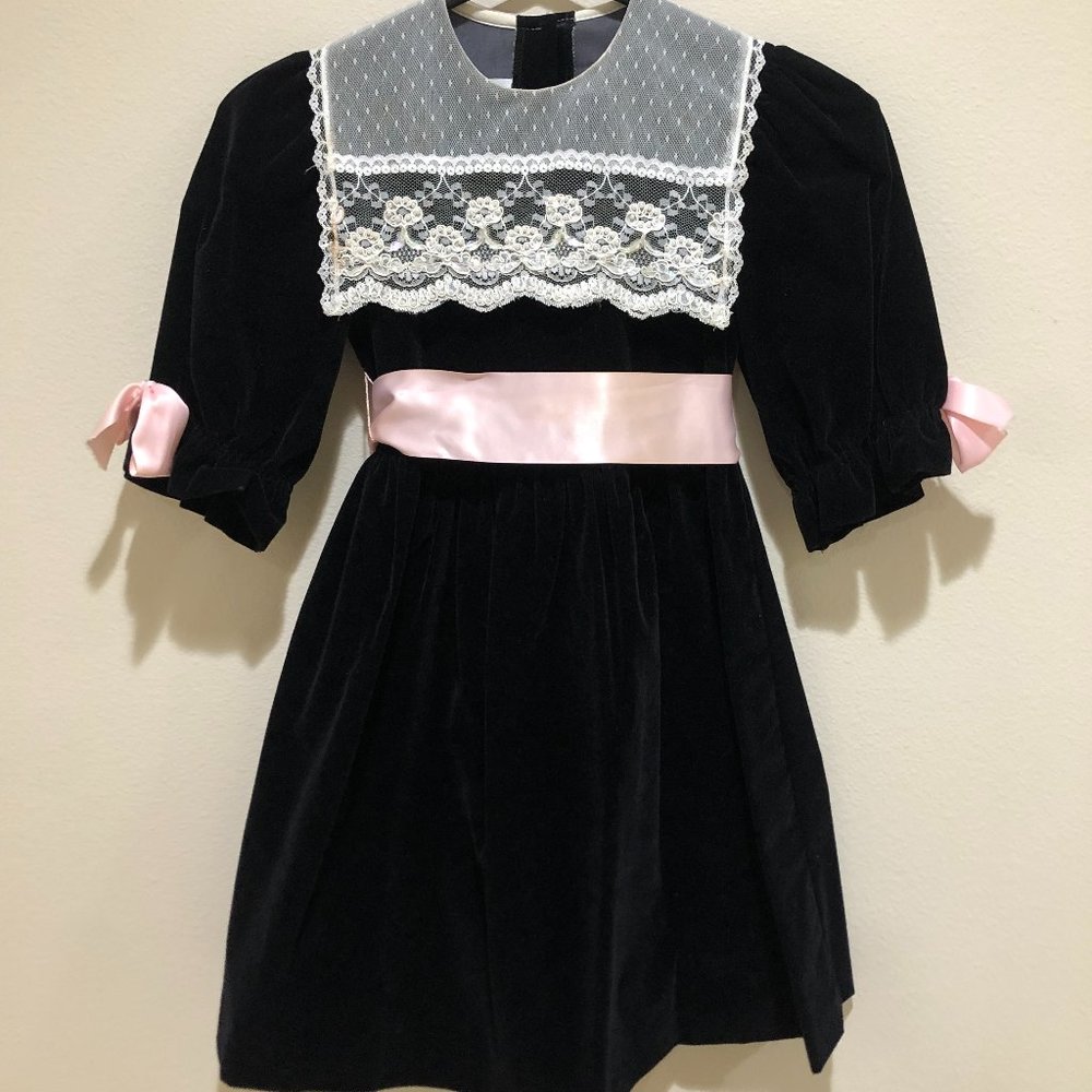 Girls Vintage Black Velvet Dress w/Pink Satin Ribbons & Lace Collar